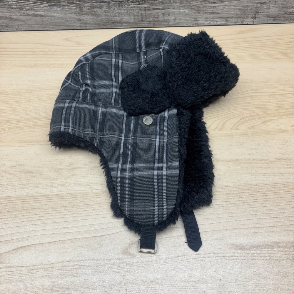 Target Hat Cap Strap Back Black‎ Gray Plaid Trapper Faux Fur Ear Flaps Winter
